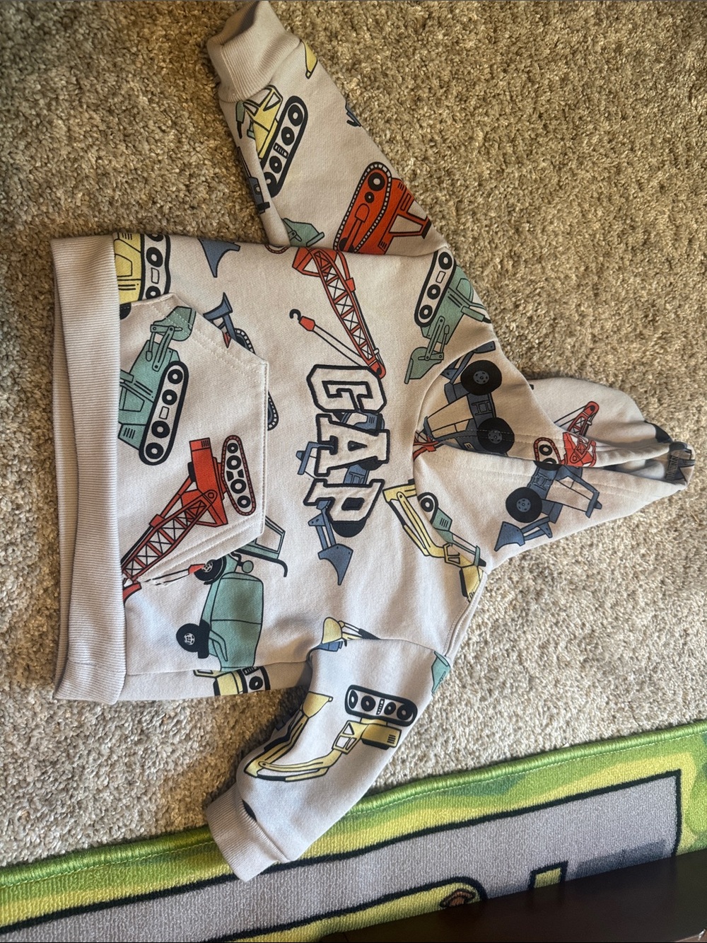GAP Cream Hoodie with Red, Yellow, Green and Blue Construction Trucks